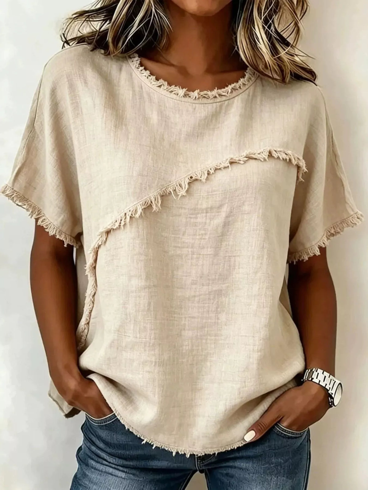 plus size frayed hem short sleeve top